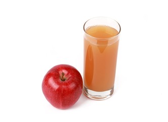 apple juice -  ​red apple and a glass of naturally cloudy apple juice in front of white background