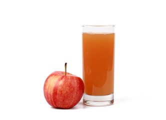apple juice -  ​red apple and a glass of naturally cloudy apple juice in front of white background