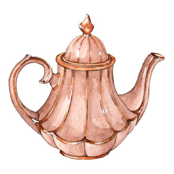 Watercolor vintage teapot set for tea party.