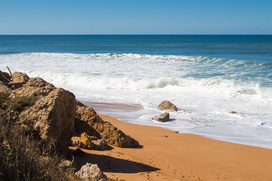 Rocks on the sandy beach, Lalla Fatna, Morocco