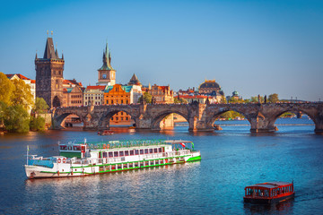 Scenic view on Vltava river and historical center of Prague,buildings and landmarks of old town, Prague, Czech Republic
