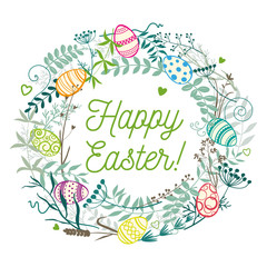 Card Happy Easter. Easter eggs in a wreath of twigs, wild grasses and flowers.