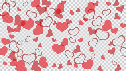 Red hearts of confetti are falling. A sample of wallpaper design, textiles, packaging, printing, holiday invitation for wedding. Romantic background. Red on Transparent fond Vector.