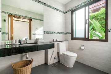 Luxury beautiful interior real bathroom features basin, toilet bowl in the house or home building