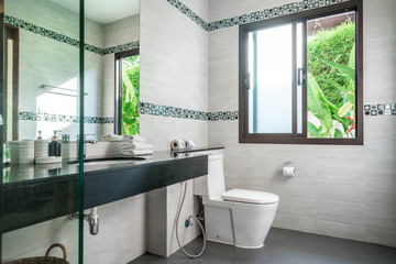 Luxury beautiful interior real bathroom features basin, toilet bowl in the house or home building