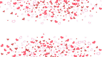 Red hearts of confetti crumbled. Red on White fond Vector. A sample of wallpaper design, textiles, packaging, printing, holiday invitation for Valentine's Day. Festive background.