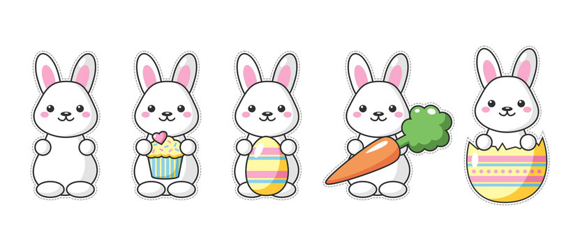 Set of cute kawaii Easter bunnies with carrot, sweet and egg. Beautiful Kawaii vector illustration for greeting card/poster/sticker.