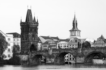 Scenic view on Vltava river and historical center of Prague,buildings and landmarks of old town,...