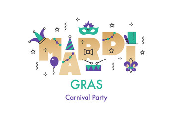 Fat Tuesday vector template with mask feathers, beads, drum, jester hat.