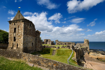 South sqaure tower of St Andrews Castle 13th Century stone ruins on the rocky coast of eastern...