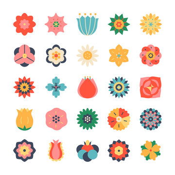 Flower icons set. Collection of 25 colorful simple vector illustrations in flat style.