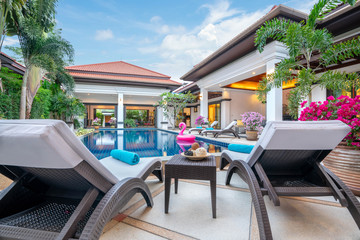 home or house building  Exterior  and interior design showing tropical pool villa with green...