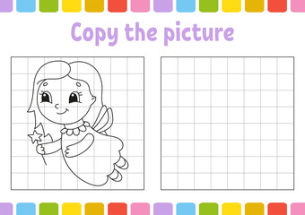 Copy the picture. Coloring book pages for kids. Education developing worksheet. Game for children. Handwriting practice. Cute cartoon vector illustration.