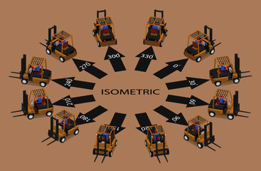 Twelve identical forklifts in isometric. Loader in different angles.