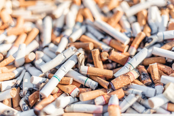 Cigarettes stub or many used tobacco butts with selective focus