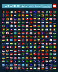 All World Flags round rectangle 3D glossy button icons isolated on black background