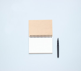 Notebook with pen on a gray background. Autumn inspiration, writing. Top view, minimalism.  Flat lay.