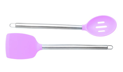Silicone spatula for cooking, ladle with metal handle isolated on white background.
