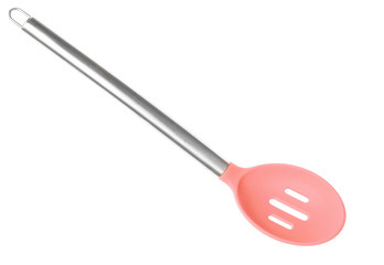 Silicone ladle with metal handle isolated on white background.