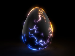 fracturing black egg in the dark. 3d illustration.