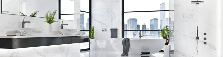 Luxurious white marble bathroom with large windows
