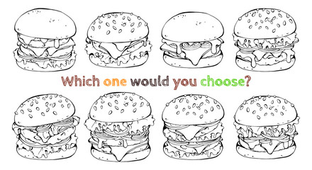 Set of different kinds of vector burgers. Sketch.