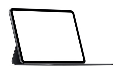 Modern tablet computer stand with blank screen isolated on white background - side view. Vector illustration - obrazy, fototapety, plakaty