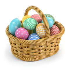 Easter eggs in a basket isolated on white.