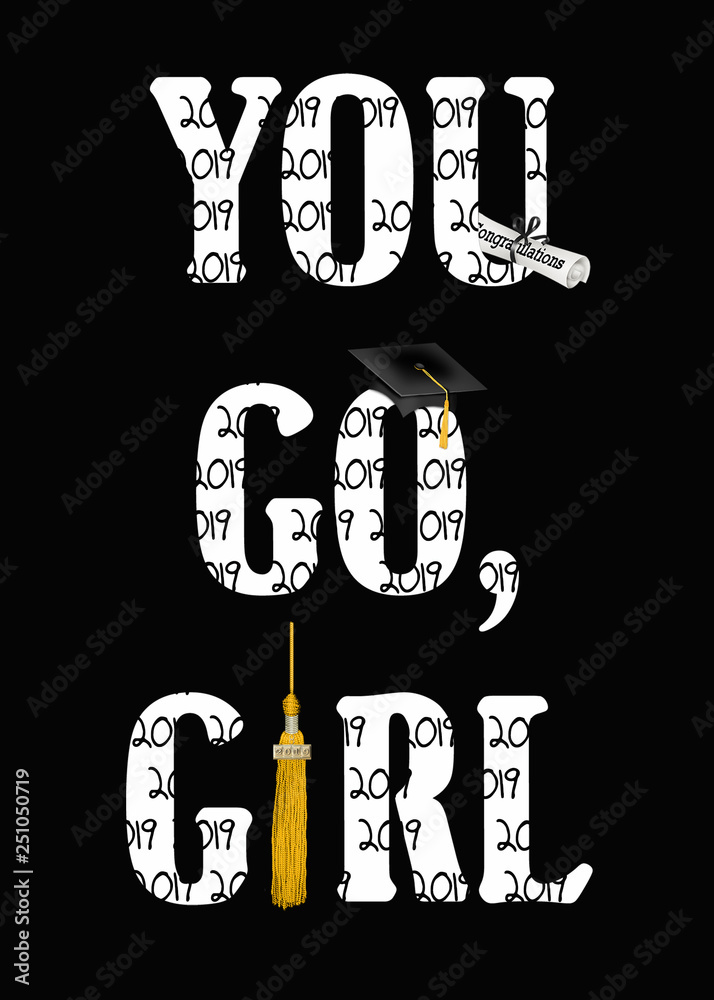 Wall mural graduation text with gold tassel on black for 2019 girl graduate - Wall murals