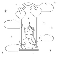 cute cartoon black and white vector illustration with lovely unicorn sitting on a rainbow swing for coloring art
