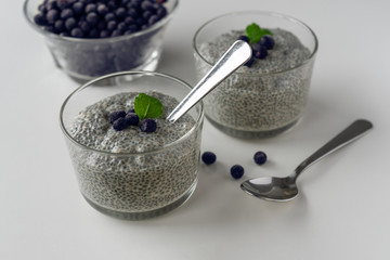 Two glasses with soy milk and chia seed.