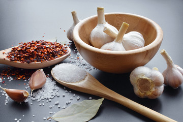pepper, garlic, bay leaf and sea salt spices on dark background