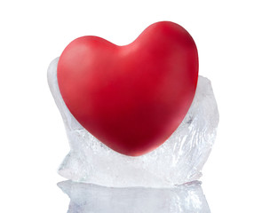 Red heart in ice isolated on white background