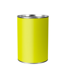 Tin can with yellow label isolated on white.