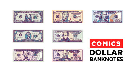 Dollar money comics style paper banknotes of USA - vector one size, business art illustration