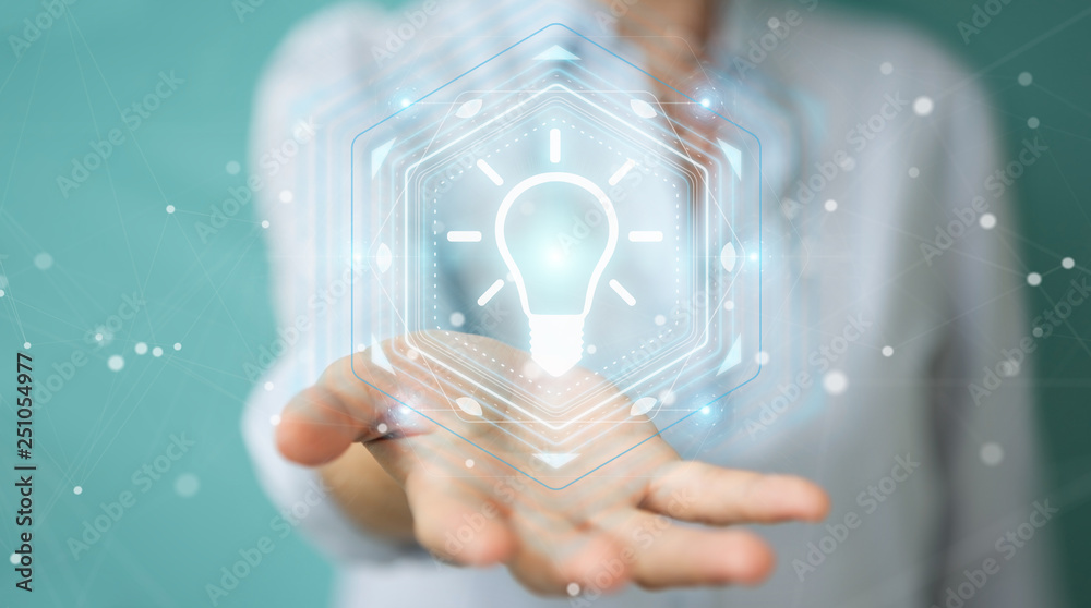 Aufkleber businesswoman using lightbulb idea interface 3d rendering