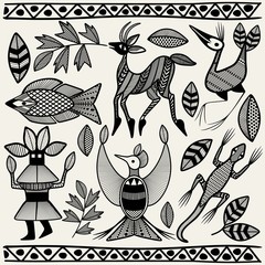 African Senufo Korhogo Tribal Ethnic Art Elements Vector Fabric Design