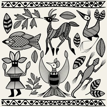 African Senufo Korhogo Tribal Ethnic Art Elements Vector Fabric Design