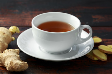 Ginger Tea, warm healthy diet drinks. wooden rustic background