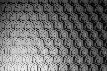 Repeating structures, pattern with fine highly structured hexagons. Hexagons cut and shaped. Honeycomb pattern. 3d illustration.