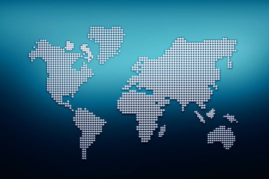 World map made of small white balls dots on dark blue background. World regions cluster concept. 3d illustration.
