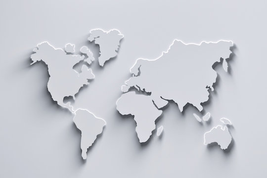 Fototapeta Mapa świata 3d w białych kolorach z cieniami i świecącymi krawędziami. 3d ilustracji.