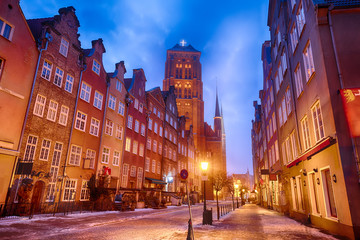 Fototapeta premium Piwna street and the Dome of the Church of St Mary's in Gdansk, Poland