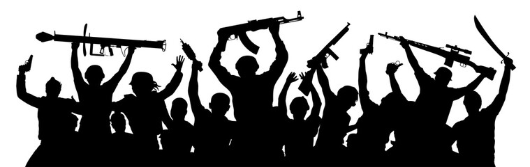 Armed terrorists. Crowd of military people with weapons. Shooting game airsoft paintball. Military silhouette of soldiers. Army team co workers. Vector illustration