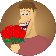 caricature. cartoon man gives flowers. red roses