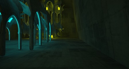 Abstract  Concrete Futuristic Sci-Fi Gothic interior With Yellow And Blue Glowing Neon Tubes . 3D illustration and rendering.