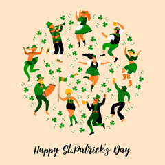Saint Patrick's Day. Vector illustration with funny people in carnival costumes