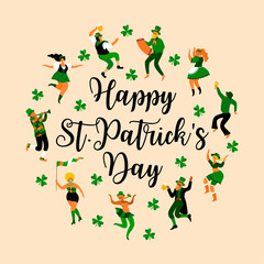 Saint Patrick's Day. Vector illustration with funny people in carnival costumes