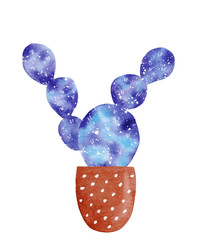 Watercolor galaxy handpainted cactus plant isolated on white background.
