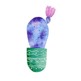 Watercolor galaxy handpainted cactus plant isolated on white background.